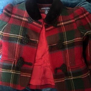 Ralph Lauren Red Plaid Pea Coat with Black Collar